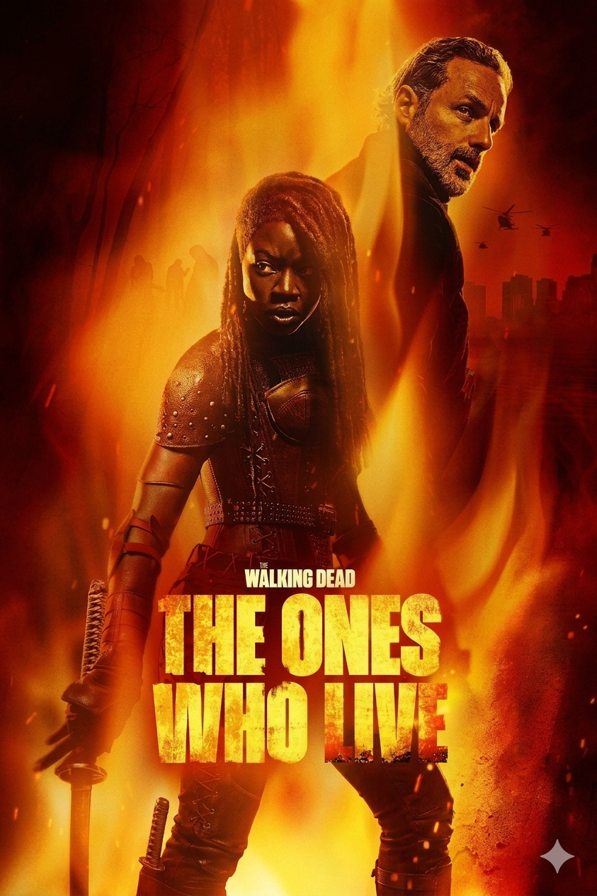 A dramatic poster for The Walking Dead: The Ones Who Live, streaming on Bulgaria IPTV, shows two characters—a woman with a sword and a man—standing back to back amid intense flames with a cityscape and helicopters in the background.
