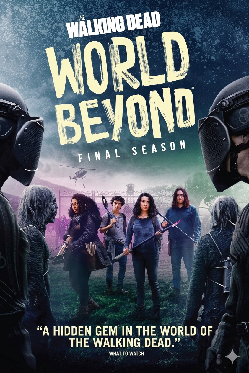Poster for The Walking Dead: World Beyond final season, featuring five main characters holding weapons, flanked by armored figures in gas masks beneath a cloudy sky, with a review quote at the bottom—stream on Bulgaria IPTV.