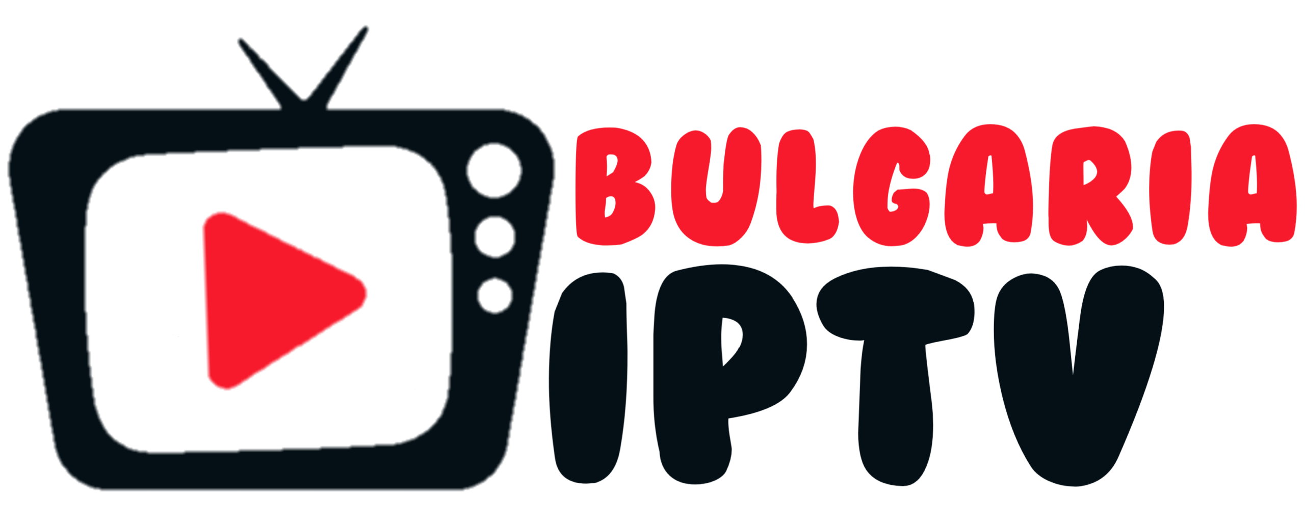 Red and white logo with a retro TV icon, a play button inside, and the bold text BULGARIA IPTV to the right, with BULGARIA in white and IPTV in red.