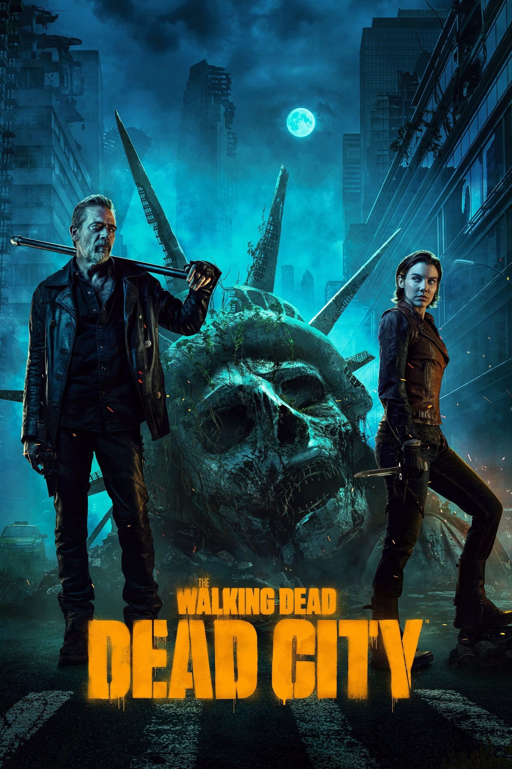 Two people stand in a dark, ruined city street with a large, broken Statue of Liberty head behind them. Under the eerie blue moonlight and fog, "The Walking Dead: Dead City" glows—an atmosphere to stream on Bulgaria IPTV.