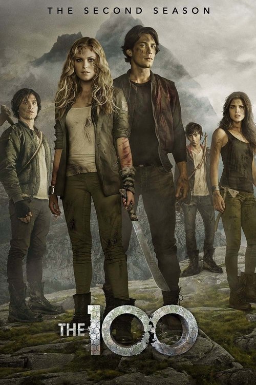 Five young adults in rugged, dirty clothes stand on rocky terrain with a misty mountain in the background. Streaming now with Bulgaria IPTV. The text reads The Second Season at the top and The 100 at the bottom.