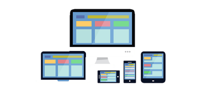 Illustration of a desktop computer, laptop, tablet, and two smartphones displaying similar layouts—showcasing responsive web design for Bulgaria IPTV across multiple device screens with colorful content blocks.
