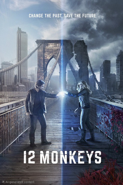 A man and a woman reach toward each other on a split, stormy and ruined Brooklyn Bridge, a glowing light between their hands. Text above reads, “Change the past. Save the future.” The title “12 Monkeys” is at the bottom—now streaming on Bulgaria IPTV.
