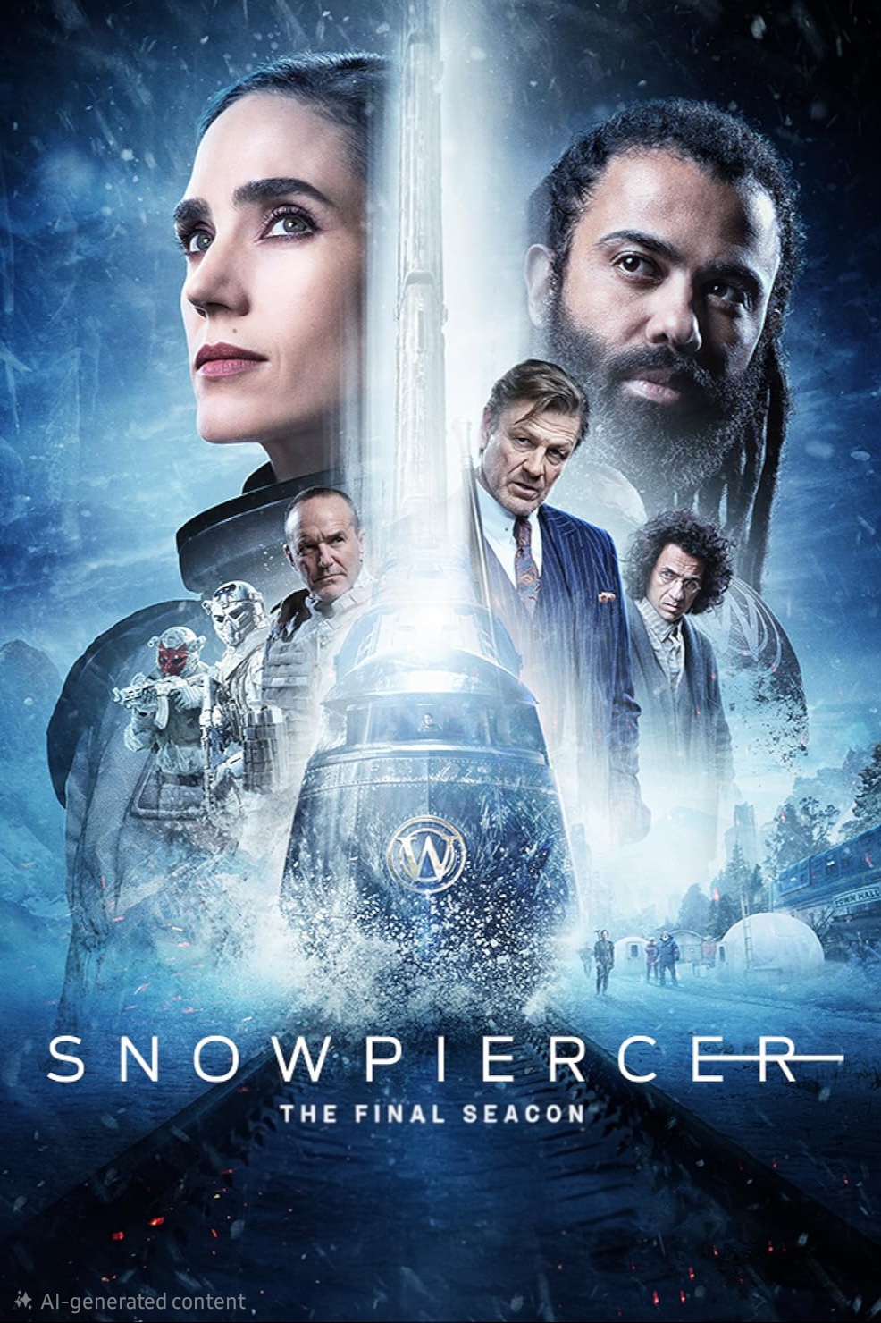 Poster for Snowpiercer: The Final Season featuring close-ups of two main characters above a speeding train, with three other characters and a snowy landscape, now available to stream on Bulgaria IPTV.