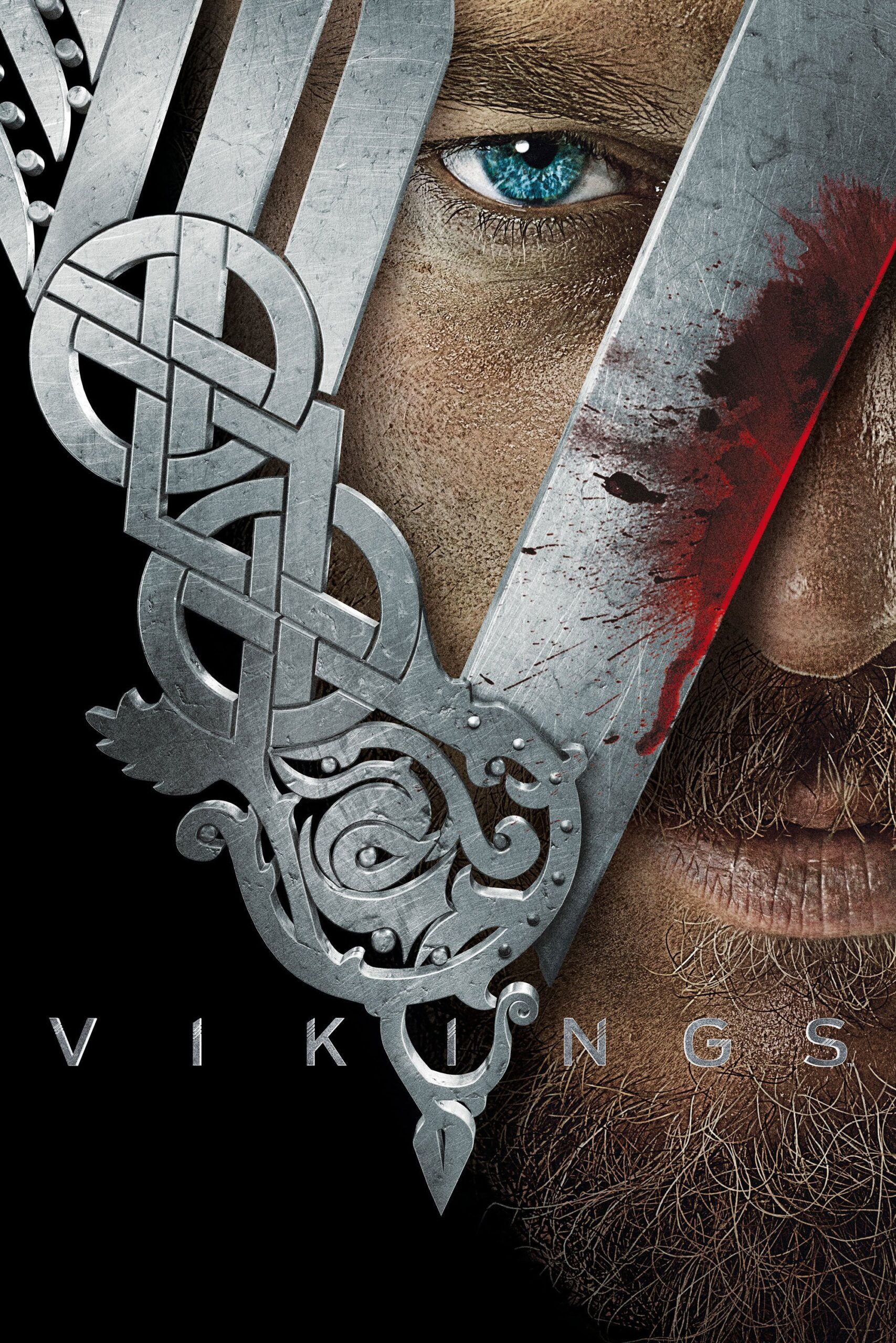 Close-up of a man's face wearing a silver Viking helmet with intricate designs, blue eye staring intensely. Red blood streaks on the helmet. The word “VIKINGS” and “Bulgaria IPTV” are displayed at the bottom.