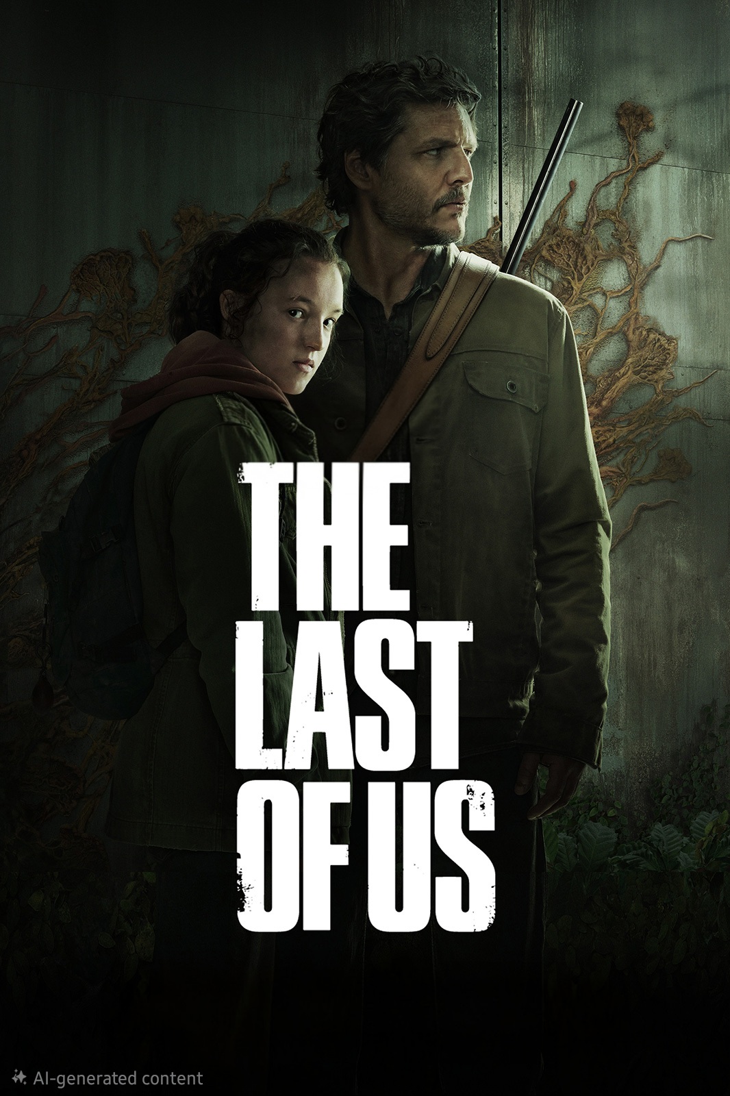 A man with a rifle and a teenage girl stand close together in front of a wall covered with twisted vines. Large white text over them reads, The Last of Us. This dark, serious image is featured on Bulgaria IPTV platforms.
