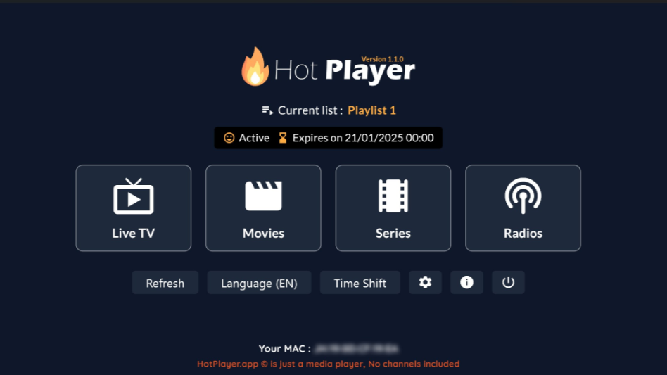 Screenshot of the Hot Player media player interface, featuring Bulgaria IPTV options for Live TV, Movies, Series, and Radios. Status bar shows an active subscription expiring on 21/01/2025. MAC address is partially blurred.