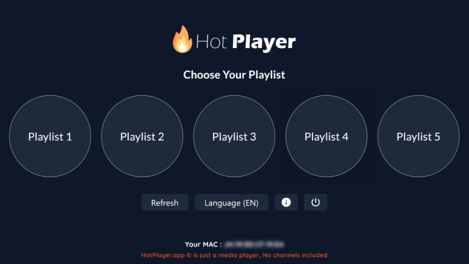A dark-themed screen from the Hot Player app shows five circular buttons labeled Playlist 1 to Playlist 5, with options for Refresh, Language, and Power. The Hot Player logo, a blurred MAC address, and Bulgaria IPTV integration are visible.