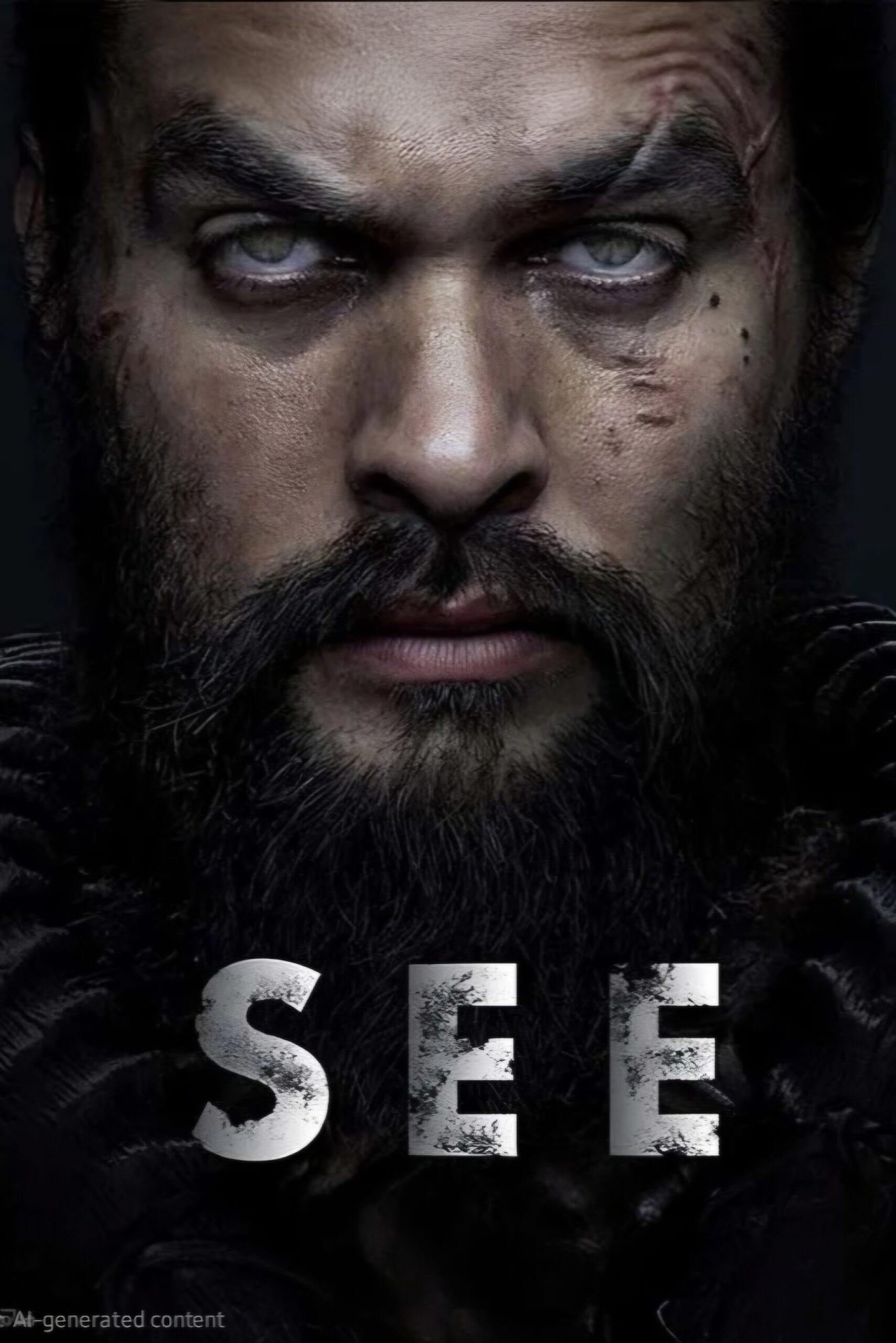 A close-up of a bearded man with pale, clouded eyes and facial scars, staring intensely forward. The word SEE appears in bold, distressed letters at the bottom, evoking the raw intensity of Bulgaria IPTV drama.
