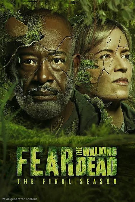 Poster for Fear the Walking Dead: The Final Season shows two serious-looking people with cracked, weathered faces surrounded by greenery, with the title in bold yellow letters at the bottom—available now on Bulgaria IPTV.