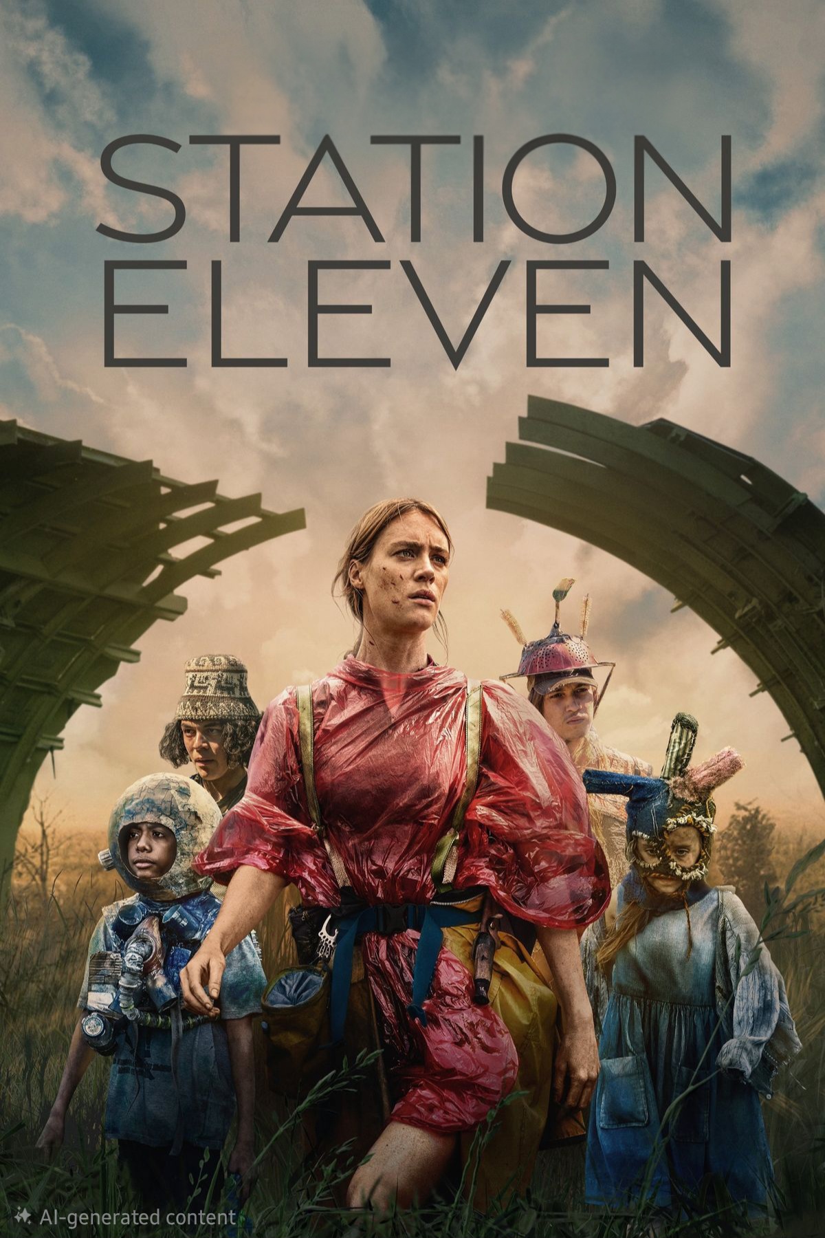 A group of five people in colorful, makeshift costumes stand in a grassy field between two broken structures; the sky is dramatic and cloudy with STATION ELEVEN and Bulgaria IPTV in large text above them.
